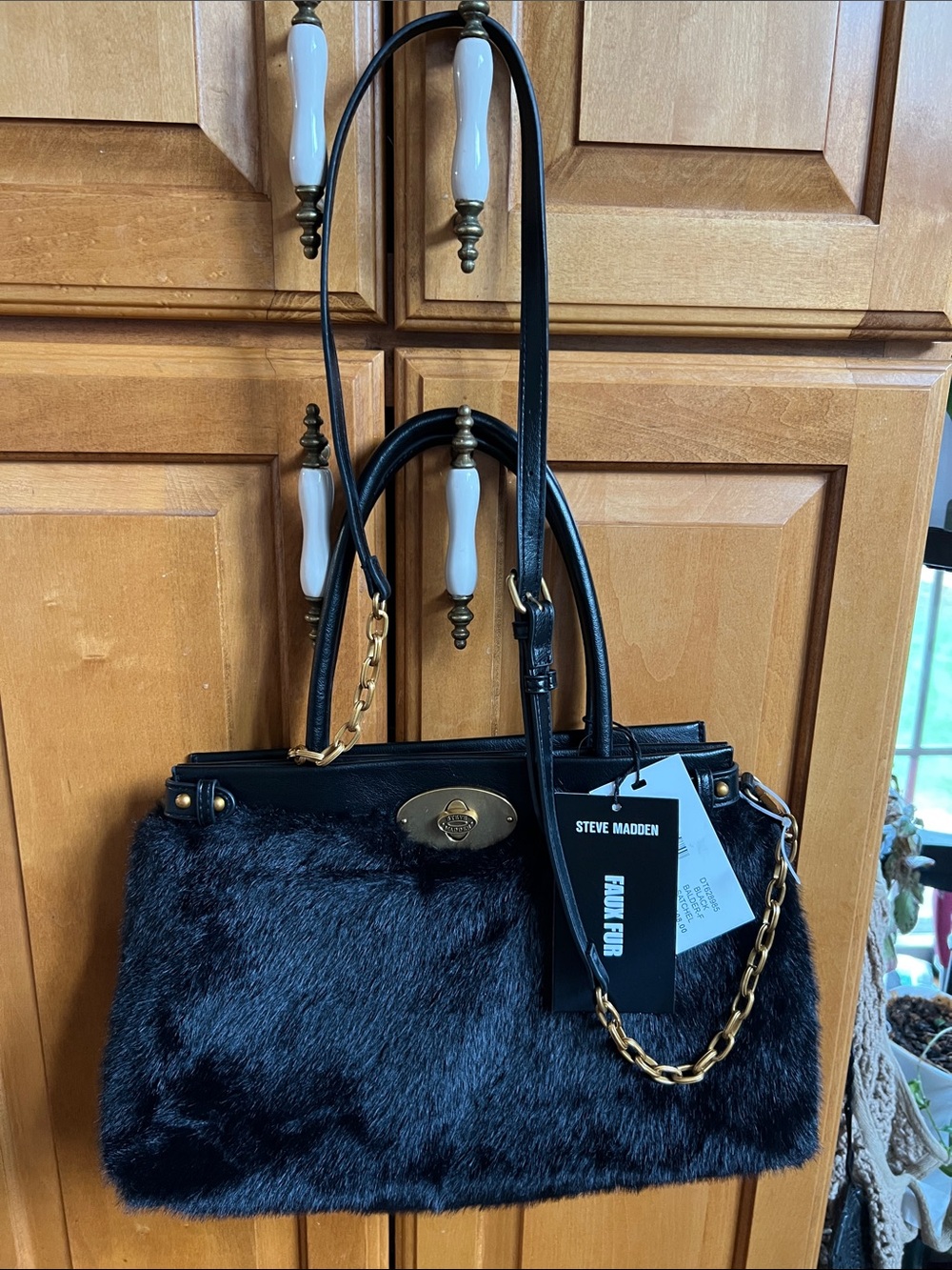 Steve Madden Black Faux Fur Tote with Gold Chain Strap Balder-F Satchel